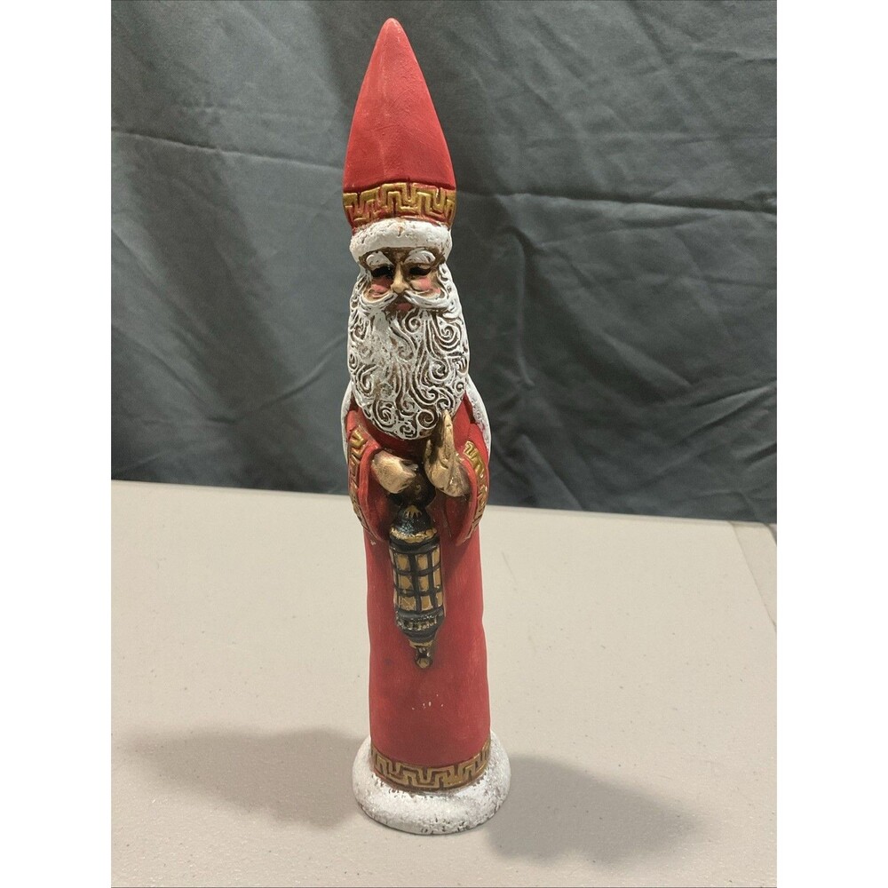 10" Skinny Tall Pencil Ceramic Old World Santa w/ Lantern Red Figurine